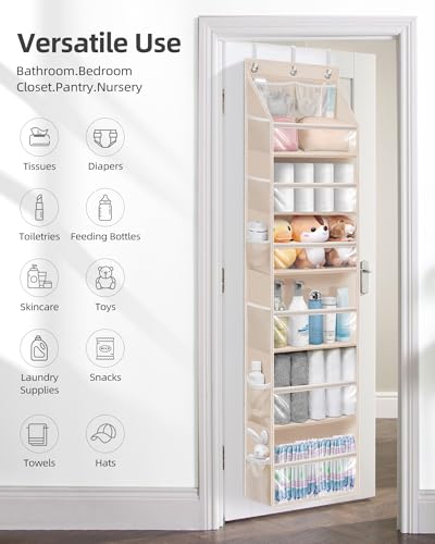 Over Door Organizer Hanging Shelves Large Clear Deep Pockets (Oat Beige / 6-Shelves 62.2"H)