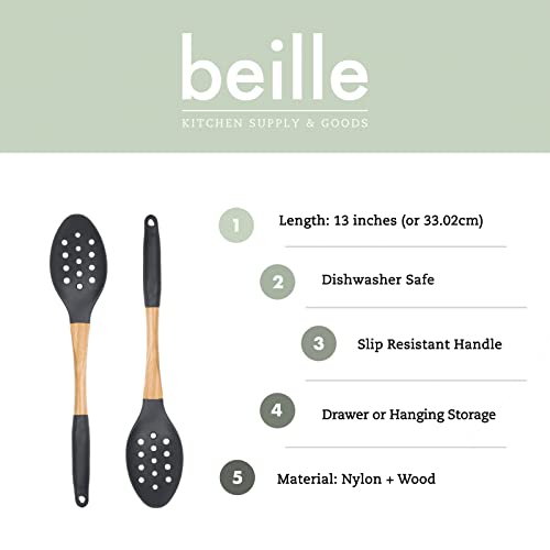 Grey Nylon Slotted Spoon with Wooden Handle Kitchen Utensils High Heat Resistance