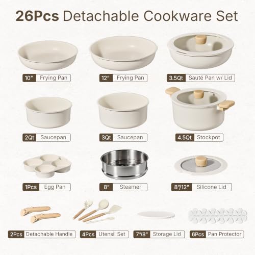 26pcs Pots and Pans Set Non Stick (Cream White / 26 Piece)