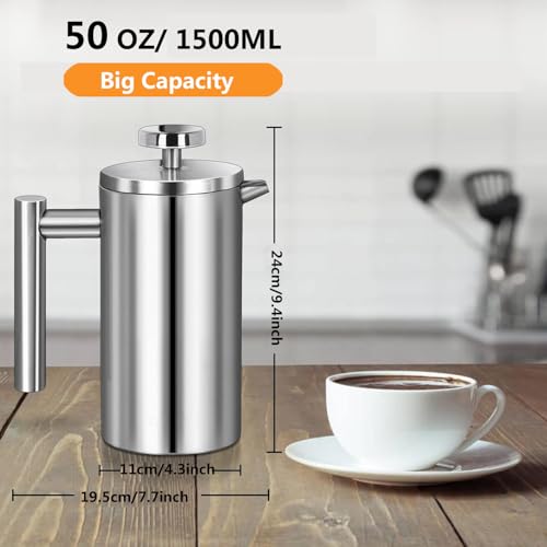 Stainless Steel French Press Coffee Maker 1500ml (50 oz / Silver)
