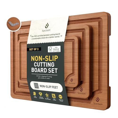 3 Packs Bamboo Cutting Board Set with Non Slip Feet and Over Sink Nice Solid Thick Wood Juice Groove Chopping Board Extra Large Big Small Best Hardwood Counter Organic Vegetable Kitchen Gadgets (3 Pack / Brown)