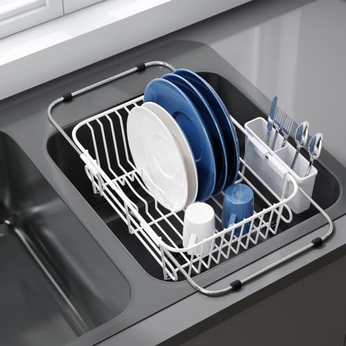 White Dish Drying Rack in Sink with Utensil Holder (White / For 10"-12"w Sink)