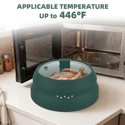 Tall Microwave Splatter Cover Glass Cover Guard Lid 5.8 inch Height with Collapsible Silicone for Food Pot Plate 10.5 inch Dark Green (Taller style Dark Green / 10.8 inch)