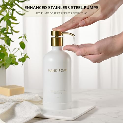 Glass Kitchen Soap Dispenser Set with Ceramic Tray (White + Gold(lotion))