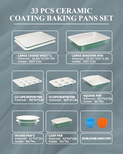 Ceramic Nonstick Baking Pans Set (Green / 33 PCS)