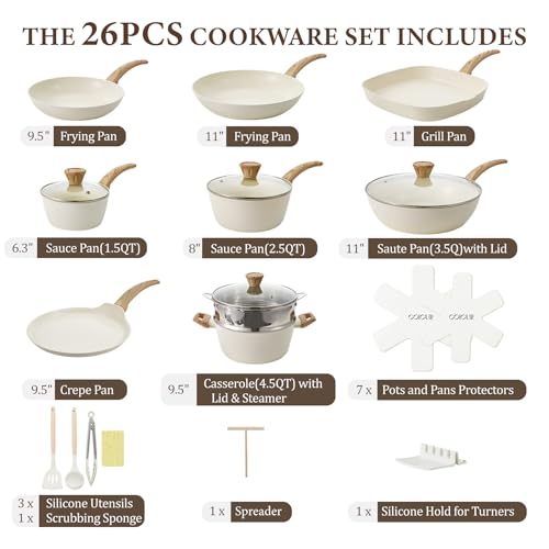26Pcs Pots and Pans Nonstick Ceramic Cookware Set Nontoxic Kitchen Cooking Set with Steamers Utensils Induction Compatible (Cream White)