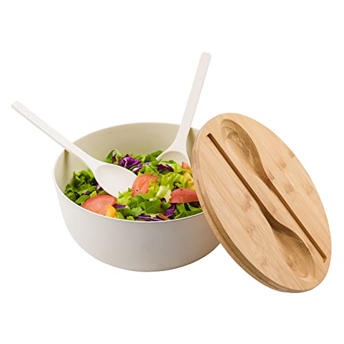 Bamboo Fiber Salad Bowl with Servers Set Large 9.8 inches Nature Bamboo Mixing Bowl with Servers with Lid Spoon and Fork for Fruits