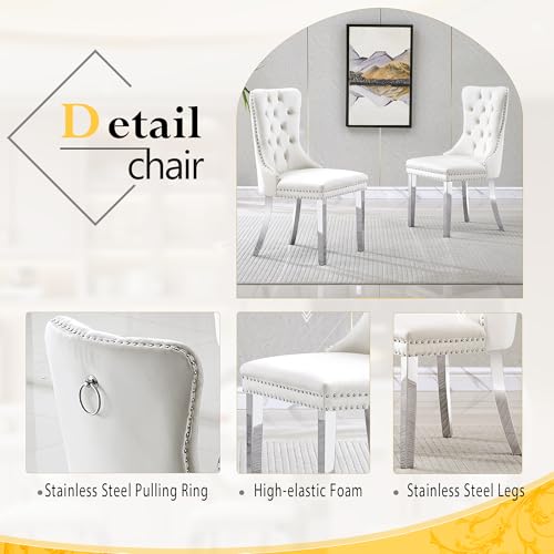 7 Piece Luxury Dining Room Set (Silver White + White / Dining Table + 6 Velvet Chair)