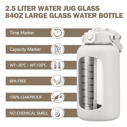84oz Glass Water Bottle with Straw (White / 84 Ounces)
