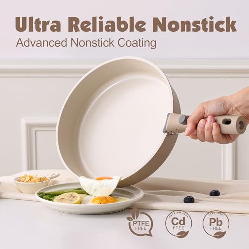 17 Piece Ceramic Detachable Handle Pots and Pans Set Almond Beige (Almond Beige / 17 Piece)