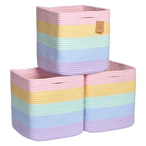 Storage Cubes 11 Inch Cotton Rope Woven Baskets for Organizing (Pastel Rainbow)