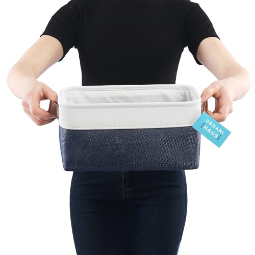 12x8in Canvas Storage Baskets (Navy Blue / Off-White / Small - 3pc)