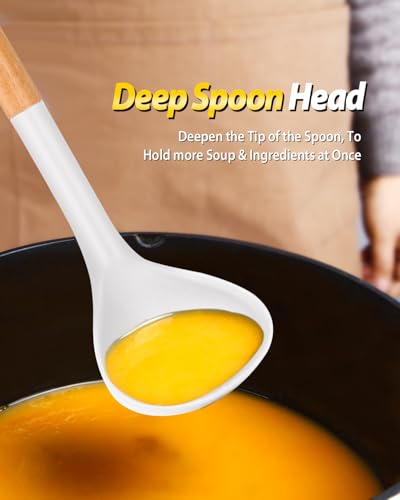 Silicone Soup Ladle and Pasta Spoon Set with Wooden Handle (2 Count)
