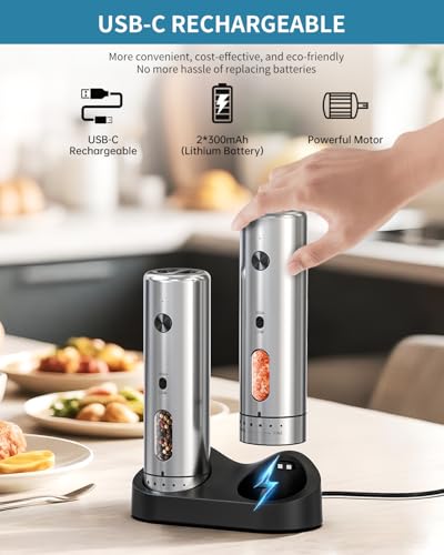 Electric Salt and Pepper Grinder Set with Rechargeable Base Upgraded Stainless Steel Automatic Salt and Pepper Shakers with 2 Grinding Speeds (External Adjustment Silver)