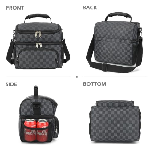 Double Layer Cooler Insulated Lunch Bag Adult Lunch Box Large Tote Bag for Men (PlaidBlack)