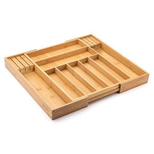Bamboo Drawer Organizer with Knife Blocks (Natural / 9 Slot)