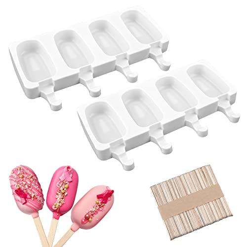 2 Pack 4 Cavity Mini Popsicle Silicone Molds with 50 Wooden Sticks (2 Pcs Mini - White)