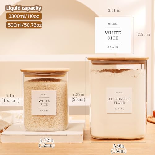 2 Pack large Square Glass Flour and Sugar Containers with 132 Kitchen Pantry Labels