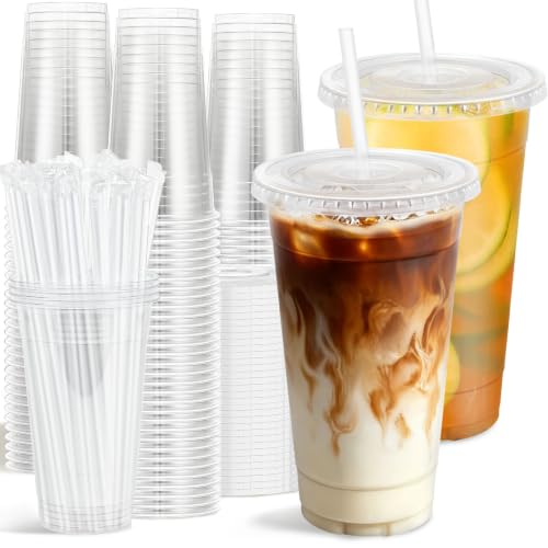 100 Pack 24 oz Clear Plastic Cups with Lids and Straws Disposable (Clear / 24 oz)