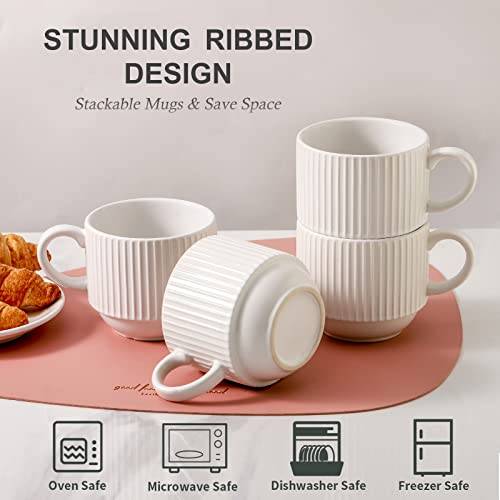 15 oz Ribbed Stackable Coffee Mug Set of 4 (White / 15 Ounces)