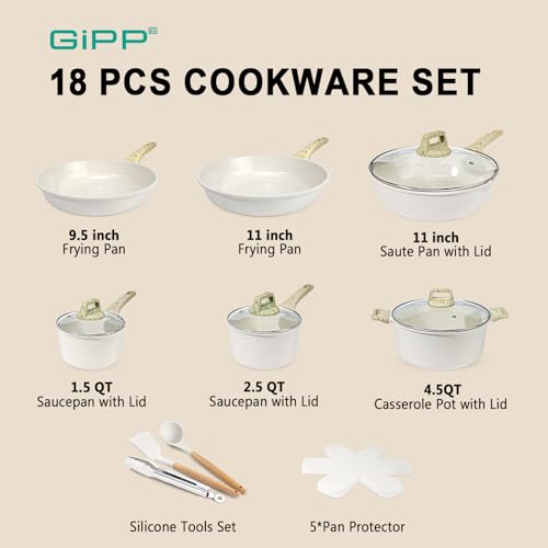 Ceramic Pots and Pans Set Non Stick (Cream White / 18 Pieces)