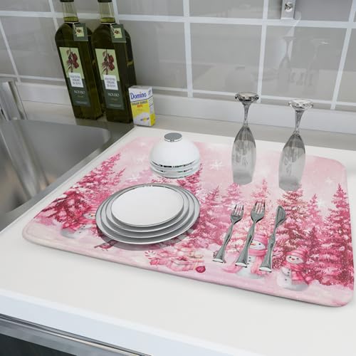 Pink Forest Dish Drying Mat Washable Drying Matt Kitchen Counter (Winter Forest Pink / 24" x 18")