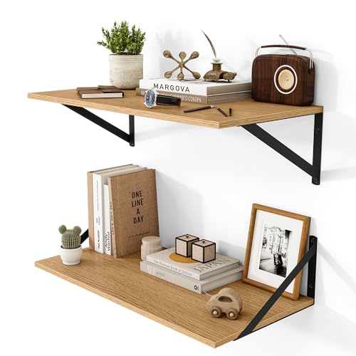 24W x 12D Deep Floating Shelves Set of 2 Oak (Oak With Black Metal Bracket / 24Wx12Dx5.8H)