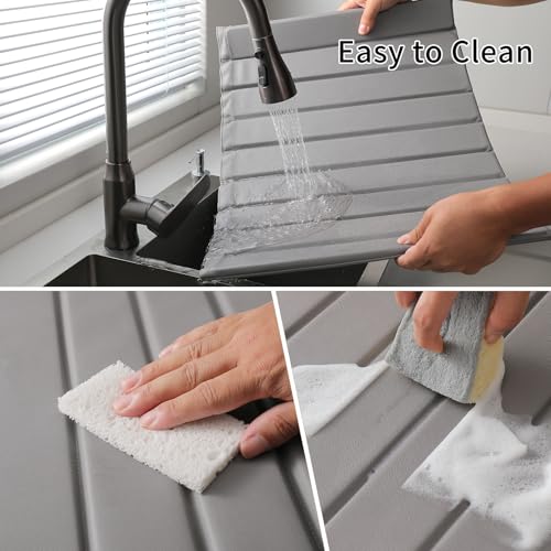 Stone Dish Drying Mat with PU Leather Surface for Kitchen Counter (Medium Gray / 24.8" x 15.7")