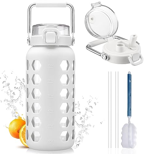 64oz Glass Water Bottle with Straw and Lid (White / 64 Ounces)