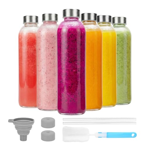 24 oz Glass Water Bottles with Lids (Clear Glass Bottle 6 Pack / 24 Ounces)