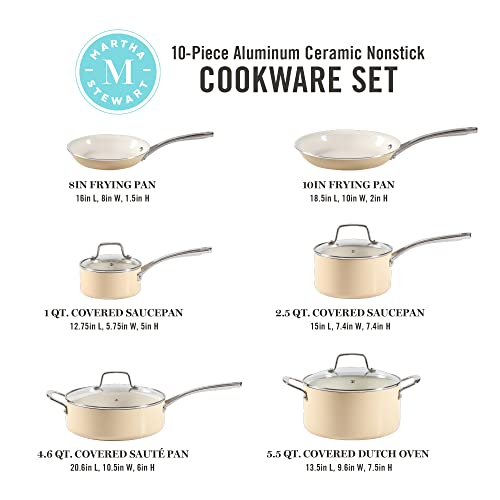 Lockton Premium Nonstick PFA Free Ceramic Interior 10 Piece Enamel Heavy Gauge Aluminum Pots and Pans Cookware Set (Butter Cream / 10-Piece Set)