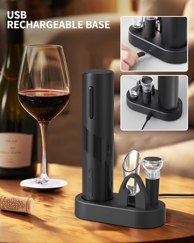 Electric Wine Bottle Opener Set Rechargeable Wine Corkscrew Cordless Wine Opener Gift Set with Charging Base (Matte Black / Prestige Set)