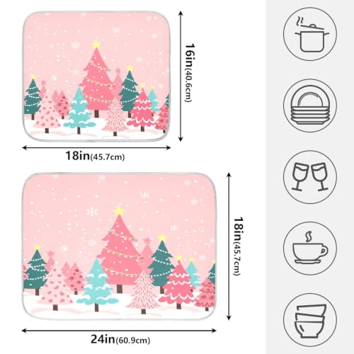 Christmas Tree Pink Dish Drying Mat for Kitchen Counter Absorbent Microfiber Small Drying Pad Winter White Snowflake Xmas Dish Mats for Kitchen Countertops 16 x 18 Inch (Christmas Tree Pink / 18" x 16")