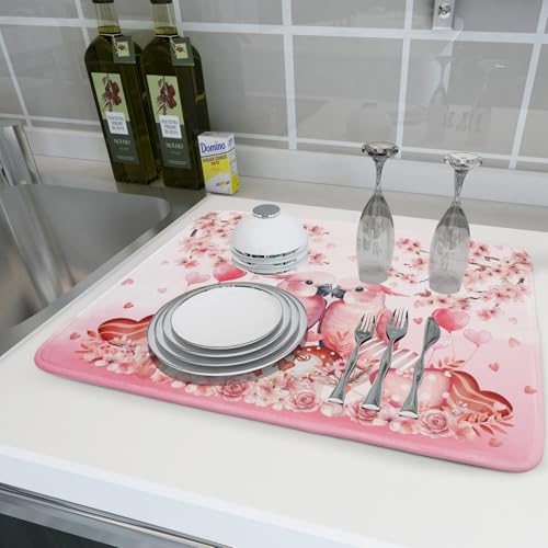 Red Bird Dish Drying Mat Large Absorbent Microfiber Dish Drying Pad for Lover Holiday Decor (Pink Love Bird / 24" x 18")