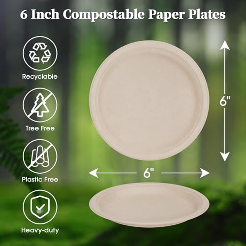 6 in 500 Pack Natural Disposable Compostable Dessert Paper Plates (6in-500natural)