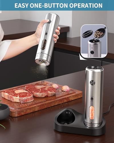 Electric Salt and Pepper Grinder Set with Rechargeable Base Upgraded Stainless Steel Automatic Salt and Pepper Shakers with 2 Grinding Speeds (External Adjustment Silver)