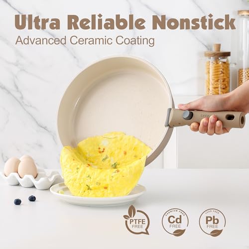 24 Piece Ceramic Detachable Handle Pots and Pans Set Almond Beige (Almond Beige / 24 Piece)