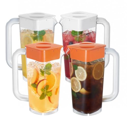 4 Pack 2L 68 oz Plastic Pitcher with Lid & Handle (White-Orange-4pack)