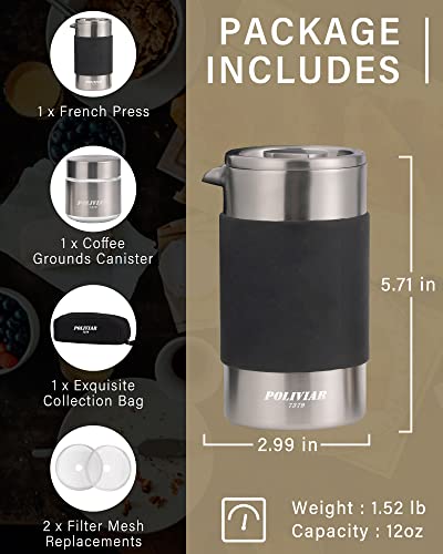 POLIVIAR French Press Coffee Maker (Silver / 12 oz)