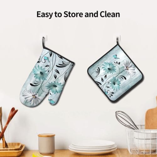 Daisy Floral Oven Mitts and Pot Holder Set of 2 Teal White Flower Heat Resistant Kitchen Mitts Potholders Washable for Cooking Grilling BBQ (Daisy Floral)