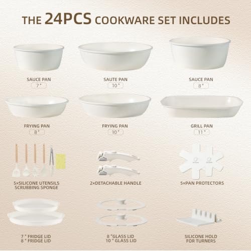 24PCS Ceramic Pots and Pans Set (White 24 Pcs)