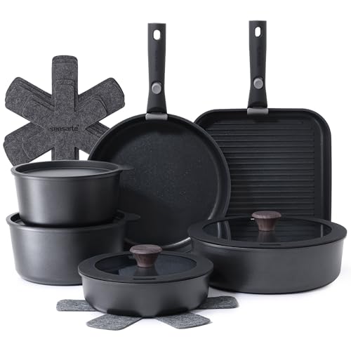 17 Piece Nonstick Detachable Handle Pots and Pans Set Black (Black / 17 Piece)