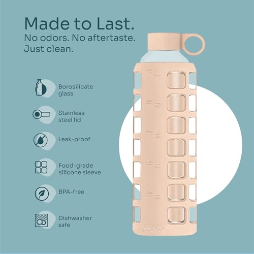40oz / 32oz / 22oz / 12oz Borosilicate Glass Water Bottle with Time & Volume Markers, Silicone Sleeve, Stainless Steel Lid | Reusable Glass Bottle for Water & Juice (32oz Hazelnut) (Hazelnut (1 Count) / 32 Ounces)