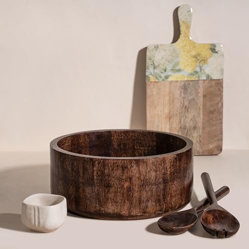 12" Dark Burnt Wooden Salad Bowl Set with Serving Utensils Eco (Dark Burnt / Extra Large)