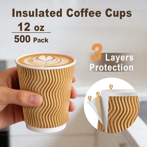 500 Pack 12oz Insulated Disposable Paper Coffee Cups Champagne (Champagne-500 / 12 oz)