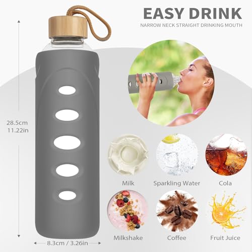 32 oz Narrow Mouth Glass Water Bottle with Windowed Silicone Sleeve (Grey)