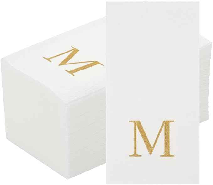Luxenap 15.8 X 7.9 Inch Linen-Feel Guest Towels, 2000 Lettered Hand Towels - Gold Letter 'M', Sans Serif Font, White Paper Dinner Napkins, airlaid, For Restrooms And Tables