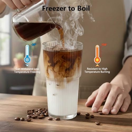 Ribbed 2pack 20oz Glass Cups with Bamboo & Plastic Lids and Straws (Transparent with Stripe / 20oz-2pack)