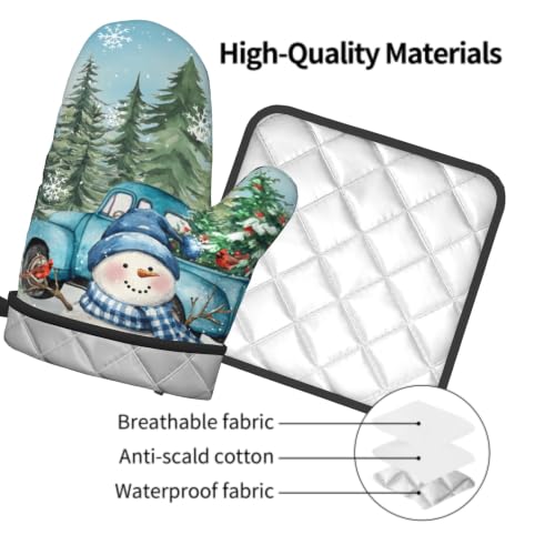 Winter Snowman Blue Oven Mitts and Pot Holder Set of 2 Xmas Truck Decorative Heat Resistant Kitchen Gloves Hot Pad for Baking Cooking Gift (Blue Snowman Truck)