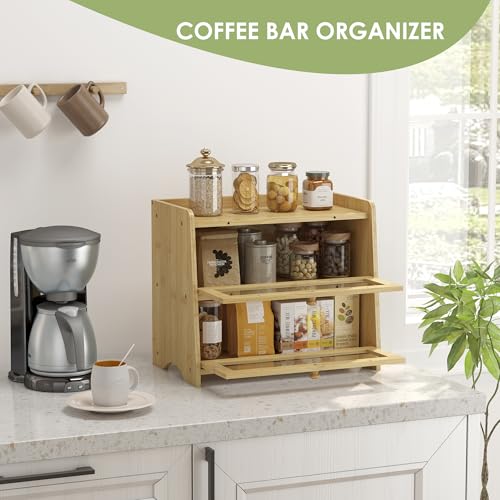 Double Layer Bread Box Container for Kitchen Countertop Homemade Bread (Natural Bamboo / 2 Tier-Medim)